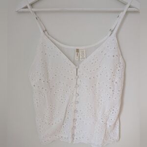 White Eyelet Button-Front Crop Cami Top, Cottagecore Size Small